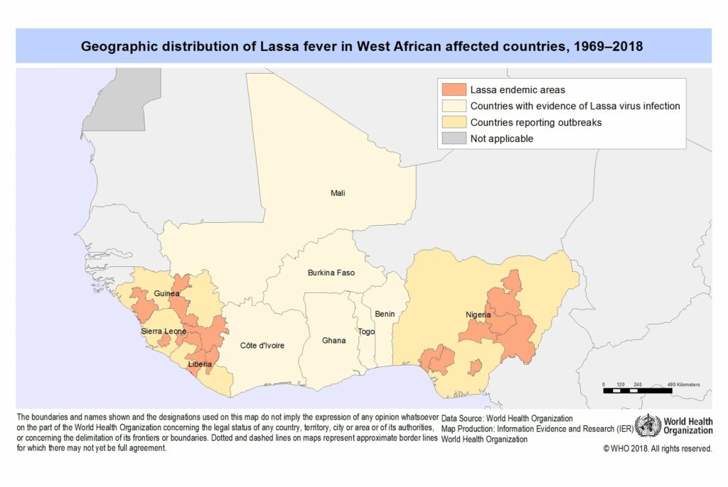 Présences de la Fièvre de Lassa en AFRIQUE, de 1969 à 2018